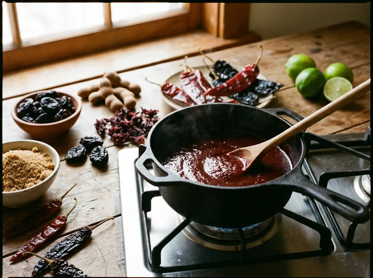 Olla con chamoy casero rodeada de ciruelas pasas, tamarindo, jamaica y chiles secos