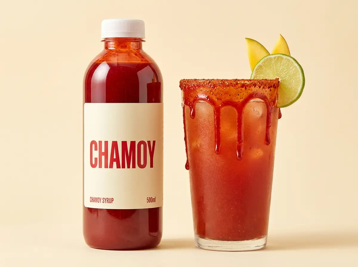 Sirope de chamoy líquido de 500 ml junto a una michelada con borde escarchado de chamoy y tajín